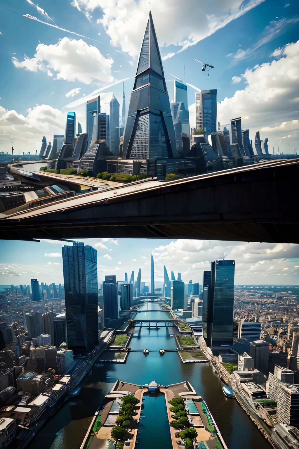 A futuristic city, a group of skyscrapers of strange shapes, drones flying around, a pyramid-shaped building in the center, a huge canal running through the city, daytime