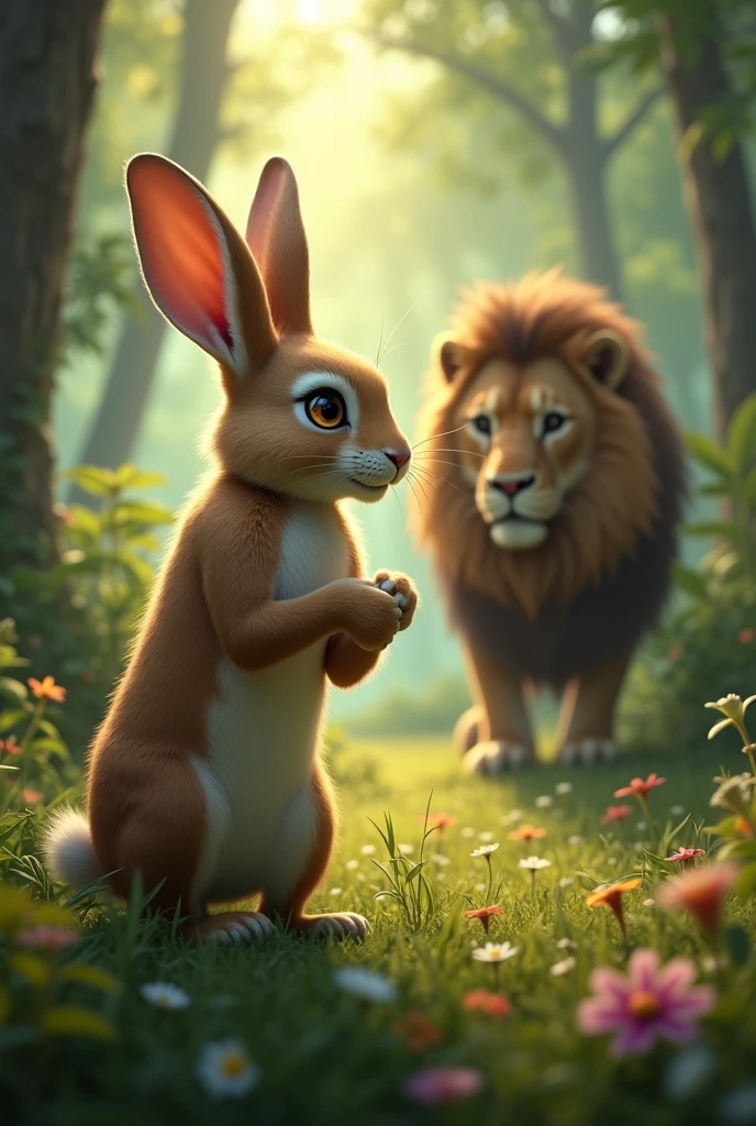 The rabbit looking determined and thoughtful, planning to trick the lion.