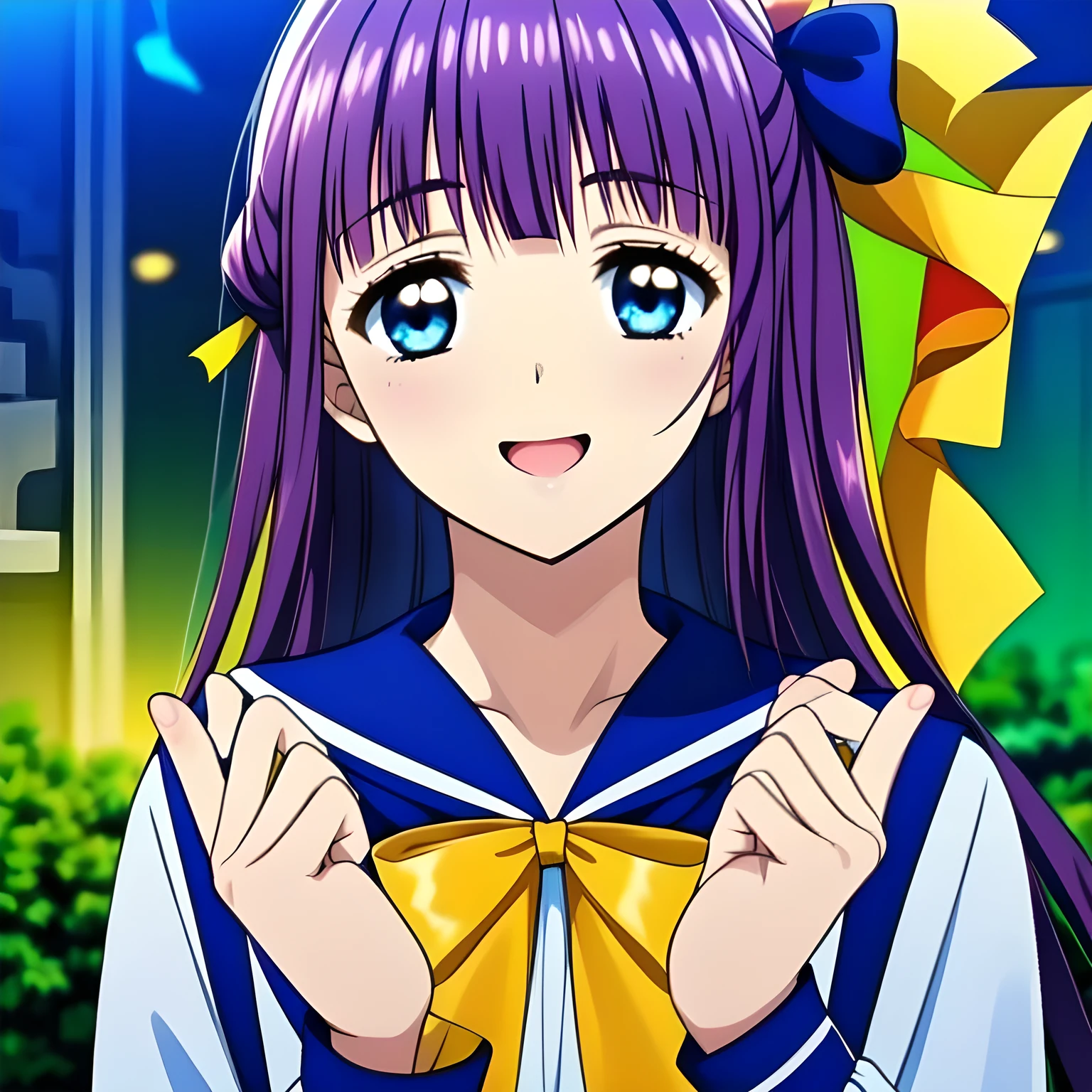 highest quality, (masterpiece:1.2), (A noble game heroine, beautiful noble intelligent heroine, Very detailed beautiful 16yo adult heroine's portrait of game CG, beautifully and artistically painted as cover of girl's magazine: 1.6), (She is turning quickly and looking at me: 1.0), (A girl whom everyone loves because of her beauty and lovely fashion and graceful personality and noble manner. A refined and elegant look like a noble princess. : 1.4), (In fact she is a very intelligent succubus, trying to charm, enslave and absorb me with deeply thought out intelligent strategy!: 1.0), (Very beautiful, wavy, cutely shining super-super-long blue hair, with elegant hair ribbons with very good smell of female pheromones: 1.4), (Laughing very beautiful and shining sapphire-blue intelligent eyes with very long eyelashes which charms and enslave me inevitably, with detailed very well: 1.6), (The elegant, slightly open mouth and glossy wet lips of an anime heroine: 1.0), (Noble, fully dark-navy-blue, neat sailor-styled school uniform, and neat elegant dark dark-navy-blue pleats skirt, with a big yellow noble ribbon on the chest: 1.8), (Large but well figured breast: 1.0), (Laughing at me, but that gives a heavenly feeling of happiness with beautiful and great smiley noble face: 1.2), (The wind is blowing: 0.8), (She is touching me with her beautiful fingers, chewing me and absorbing everything from me just now: 1.5), (Crazy sabbath night like nightmare to offer me to Evil Venus as a sacrifice background: 1.4)