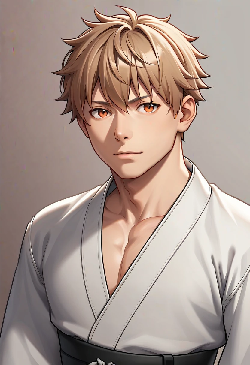 masterpiece, best quality, high quality, 1boy, solo, male focus, looking at viewer, upper body, shuu_inuzuka, , light brown hair, orange eyes, realistic, judo gi, black belt 