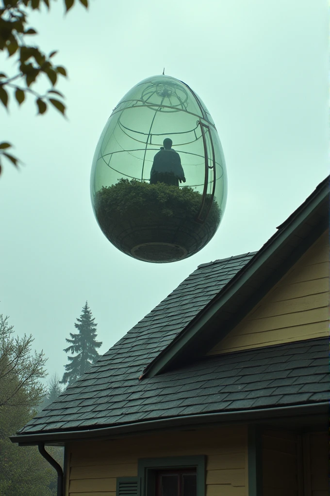 A egg like transparent shell chamber looks like some outer spacecraft. As small to hold one person. Falls on the roof of a house