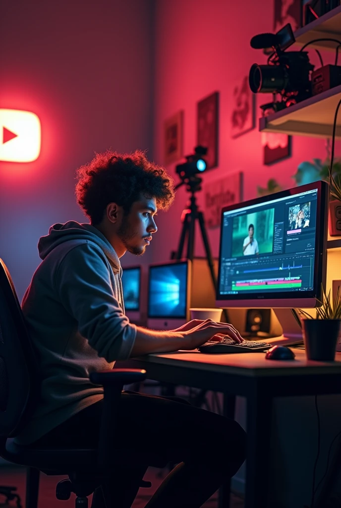 the best content creater edit video in room, youtube logo on the wall 
