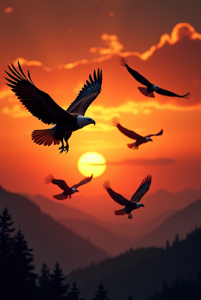 Eagles flying in the background of the image in black with sunset