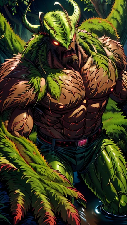 (1boy, Man-Thing), (extremely detailed CG unit 8k wallpaper),(master part), (best quality), (ultra detail), (best illustration),(wanostyle), cowboy shot, (Sharp eyeliner, ombre, detail eyes), dark swamp background, ,break , (vamptech), swampstyle monster, Marvel comics 