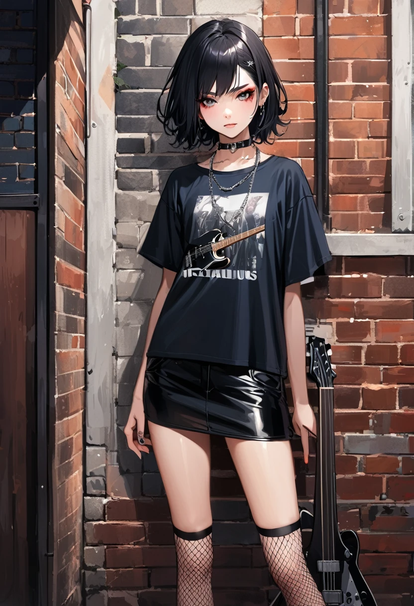 A rebellious 1 Japanese girl with choppy black hair and smoky eye makeup, wearing a black graphic band t-shirt with ripped details, a short black leather skirt, and black fishnet stockings. She accessorizes with a silver chain choker necklace, multiple silver rings, and black combat boots. She stands confidently with an electric guitar in hand, in front of a brick wall with band posters. Photorealistic,with a vignette effect. BREAK (girl,16yo,detailed face,(darkblue wavy-short hair),eyebrows,middle small breasts),