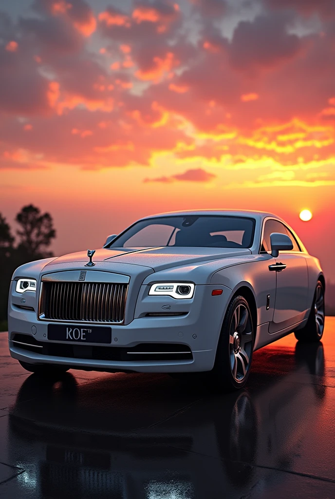 White Rolls-Royce with sun set