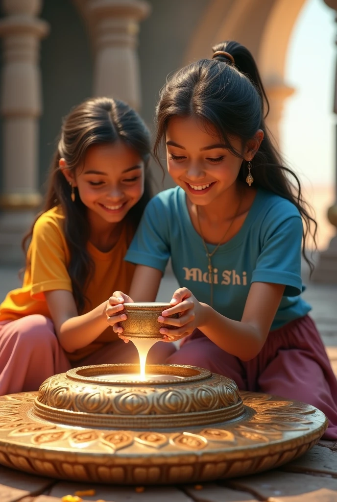 Create 3D realistic pictures of a 2 girl pouring milk from the pojaa brass Kalash lota on Lord Shiva Ling in a beautiful temple in Somnath. Girl wearing blue t-shirt with name "MAHI" written on it, she is looking so pretty smiling beautiful