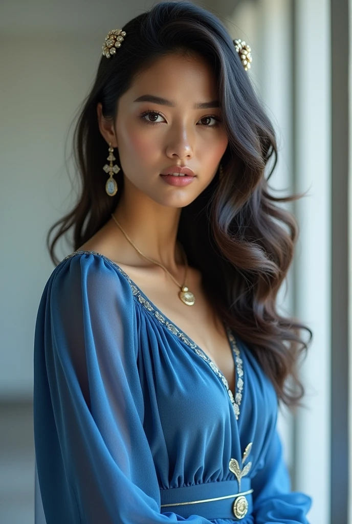 Best Quality, master's degree, Detailed hair, High resolution, (((itching))) ,collar, hair ornament, (beautiful face), Blue dress, looking at the viewer, For the blue, standing, (above the waist),medusa