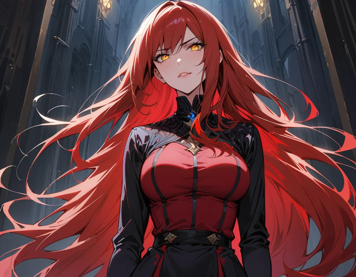 Long red hair, yellow eyes, evil, sexy, black and red clothes, tied hair, cute hairstyle, evil face, evil, serious look, gloss lips, sit, sinister, front look, bloody, gloves, beautiful eyes, short dress, big white, dark place, night, sensual, straigh hair cut, clear skin, evil, young 30 years girl, adult girl, solo, red, very long hair, HAIR DOWN, ANKLE LENGTH HAIR, FIERCE EXPRESSION, villain, handsome older WOMAN,crimson-eyes,crimson pupils,Long CRIMSONhair,Hyperresolution,accuracy,Detailed rendering,(Subtle facial image)(Image of fine hair)(topquality)(Masterpieces of masters)(High degree of completeness)(A sense of atmosphere)tmasterpiece,Super detailed and super detailed(portrait))(((Mature woman))) (((Villain))) (((Older female)))(((half body view)))