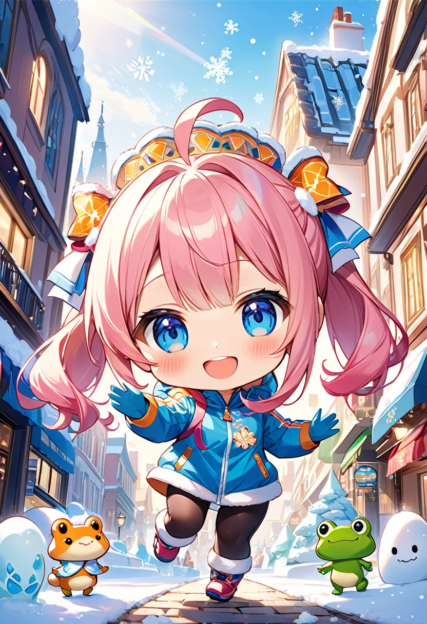 Highest quality、High resolution、Detailed Background、Beautiful face in every detail、Anatomically correct、Detailed facial expressions、fine grain、((full body, from below:1.5, looking viewer:1.2)), break ((One Girl:1.5)、((Chibi Girl:1.5)))、Bright pretty hair color、Big beautiful blue eyes、Fuller lips、Pink Lips、Braided twintails、Ahoge、break ((Walk cheerfully:1.5))、(A cute, shiny, water-repellent windbreaker、Cute gloves、Cute water-repellent long pants、Cute snowshoes、Cute hair accessories)、break Build a Snowman:1.5、(Big smile:1.5、Happy expression:1.5)、break ((The background is a snowy cityscape、Frog ice sculpture、Refreshing weather))