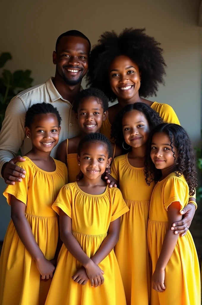 A family photo with black father white and fat mother one brother and 5 sisters with yellow habsha(tebebe)
