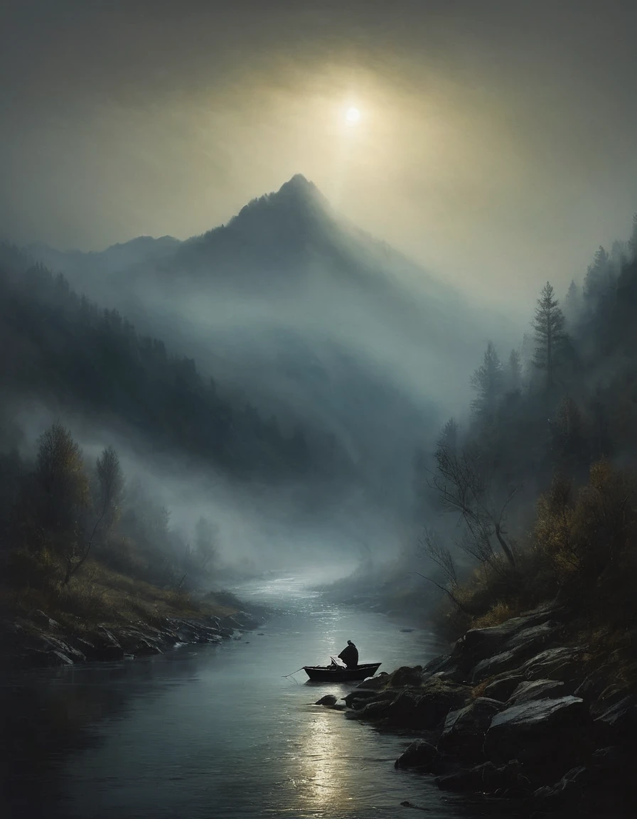 painting of a fishing on a mountain river early in the morning in the fog, dark atmosphere, cinematic scene, volumetric lights, ultra realistic, in the style of nicola samori