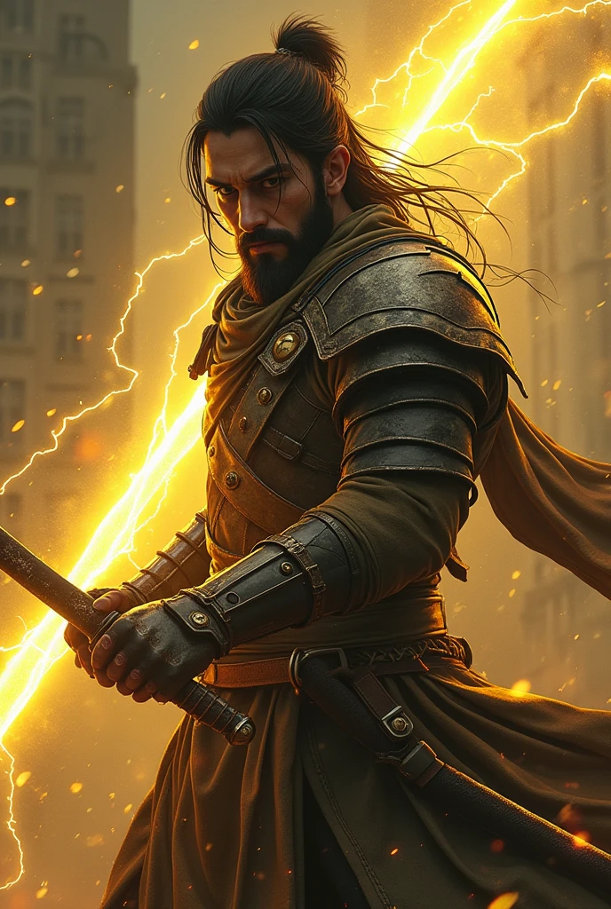 Elden ring, Male warrior, one katana, yellow lightning, light armor, long attached black hair, small beard