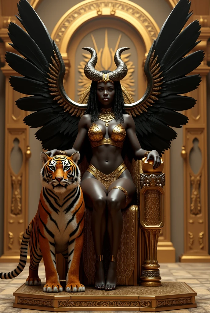 a woman in a gold outfit and a tiger, muscular warrior women, the smooth black lioness, queen, wakanda, epic 3 d oshun, Fundo wakanda, woman strong, skin black!!!, dark skin female goddess of love, black panther, Warrior Woman, amazon warrior, posing for a fight intricate, trending in cgsociety, horned girl, devil horns, elf ears, cleavage, thigh, short skirt, sexy, wide black wings, golden Egyptian castle, golden egyptian outfit, tiger pet, sitting on golden throne, legs crossed, 