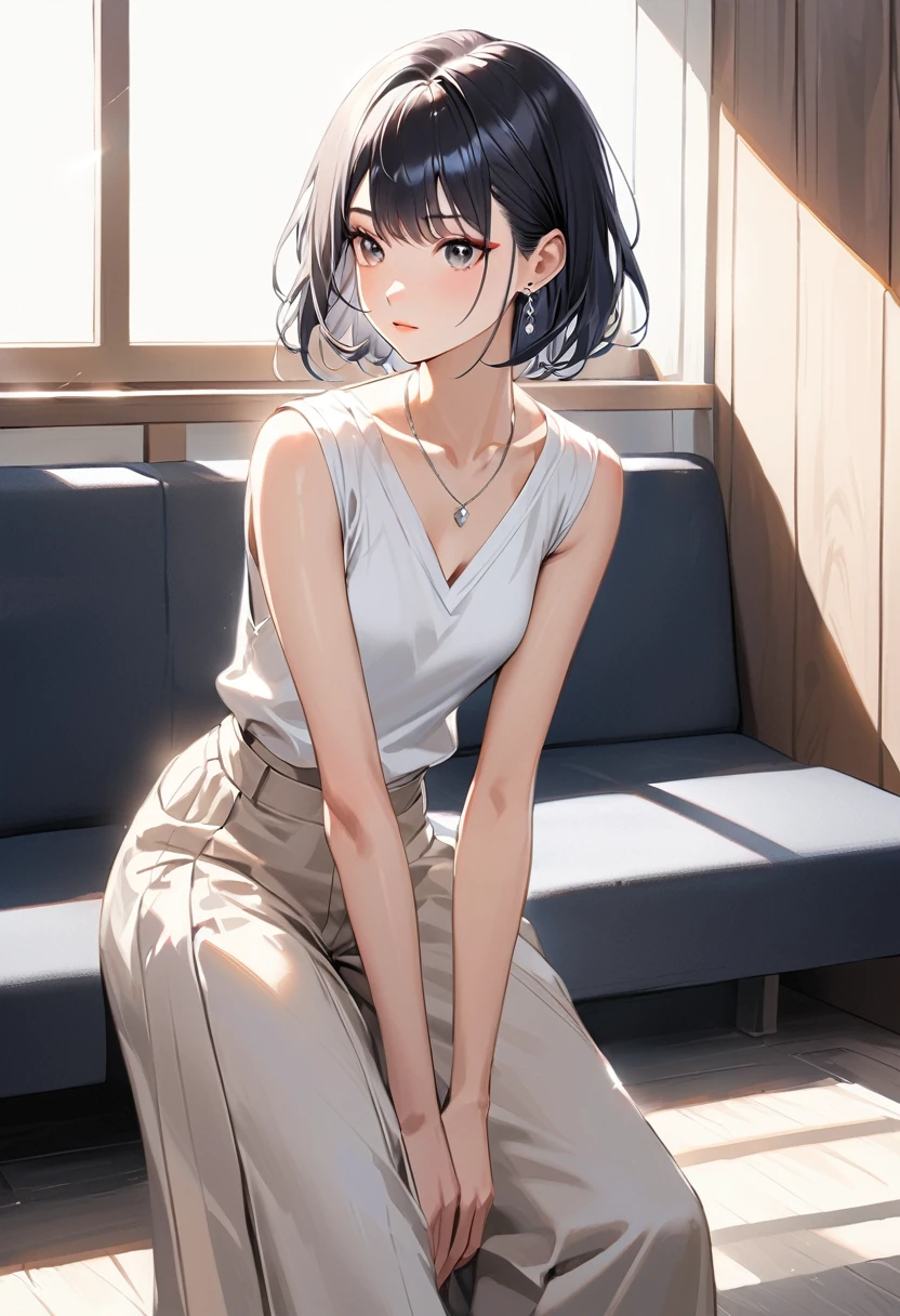 ((of the highest quality, 8K,Raw photo)), (Realistic, Photorealistic: 1.37), (Face Focus: 1.1), Small breasts, flat chest, Short hair, A Japanese Lady、20yr old、Japan idol system、(white sweatshirt: 1.1)、Skirt, Sitting, Arms up, From below, Sunlight, Movie Lighting,