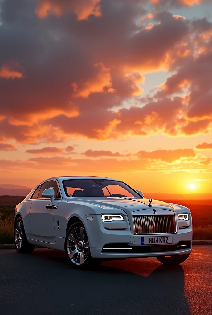 White Rolls-Royce with the Sun set