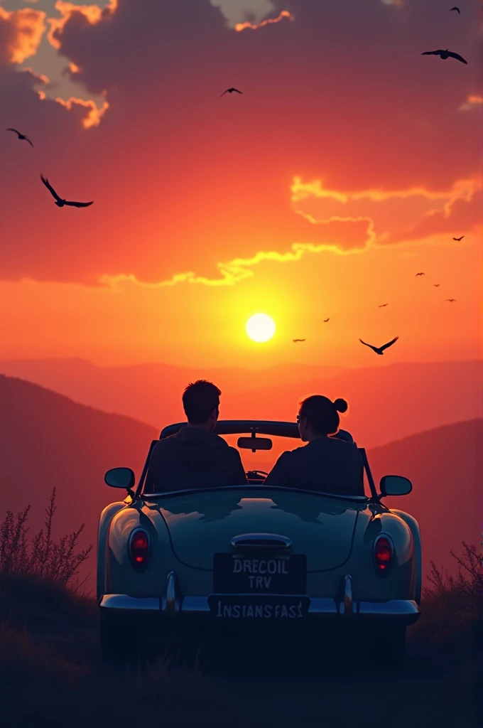 Couples sitting in car at different color sunset in a on a beautiful hill top with birds flying