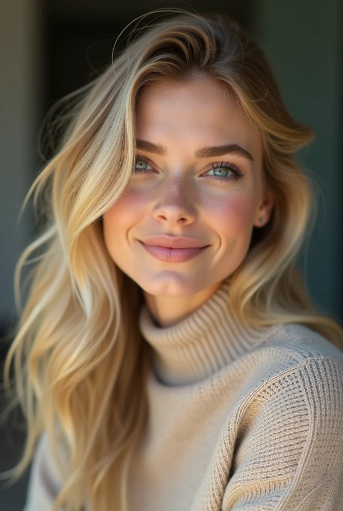 Blonde woman 2 with natural makeup, wearing a beige cashmere. High resolution, chef-d&#39;artwork, best quality, intricate details, Very detailed, mise au point nette, detailed skin, texture de peau réaliste, texture, Detailed eyes, professionnel, 4k, sourire charmant, filmed on Canon, 85 millicmeters, faible profondeur de champ, Couleur Kodak Vision, corps parfaitement ajusté, extremely detailed, photographier_\(ultra\), photorealistic, Realistic, Post-traitement, maximum details, roughness, vrai vie, ultra realistic, photorealism, photographie, 8k euh, photographie