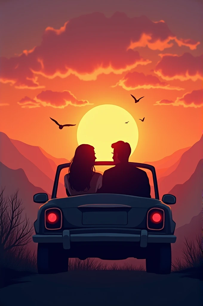 Couples sitting in car at different color sunset in a on a beautiful hill top with birds flying