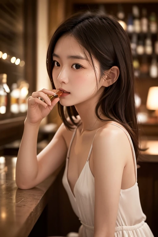 ((extreme close up)), side view, watching camera, A sophisticated bar setting exudes an atmospheric glow, featuring stylish dim lighting and a cozy ambiance. In sharp focus, a thin Japanese actress in her 20s, with tied medium, loosely curled brown hair, sits on a bar stool. Dressed in a white plunging neckline tight long dress, licking a short cocktail. inviting me to drink together, The scene captures an elegant, intimate mood, enriched by warm lighting and rich textures, creating a masterpiece of visual allure., from side, UHD, masterpiece, anatomically correct, textured skin, super detail, nipple slip