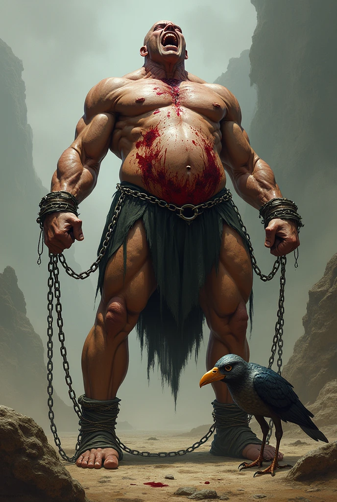 titan promised with his legs and arms chained in agony and covered in blood while the bird pecks his belly