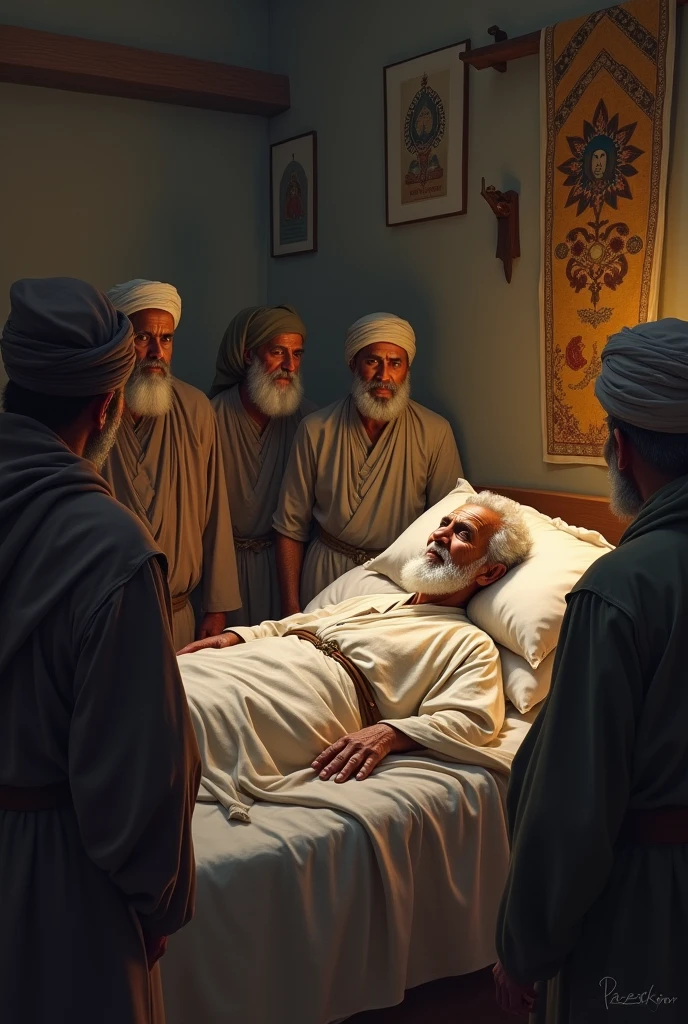 Baba Farid, now an old man, lying on his deathbed, surrounded by devotees and loved ones, with a gentle smile on his face."