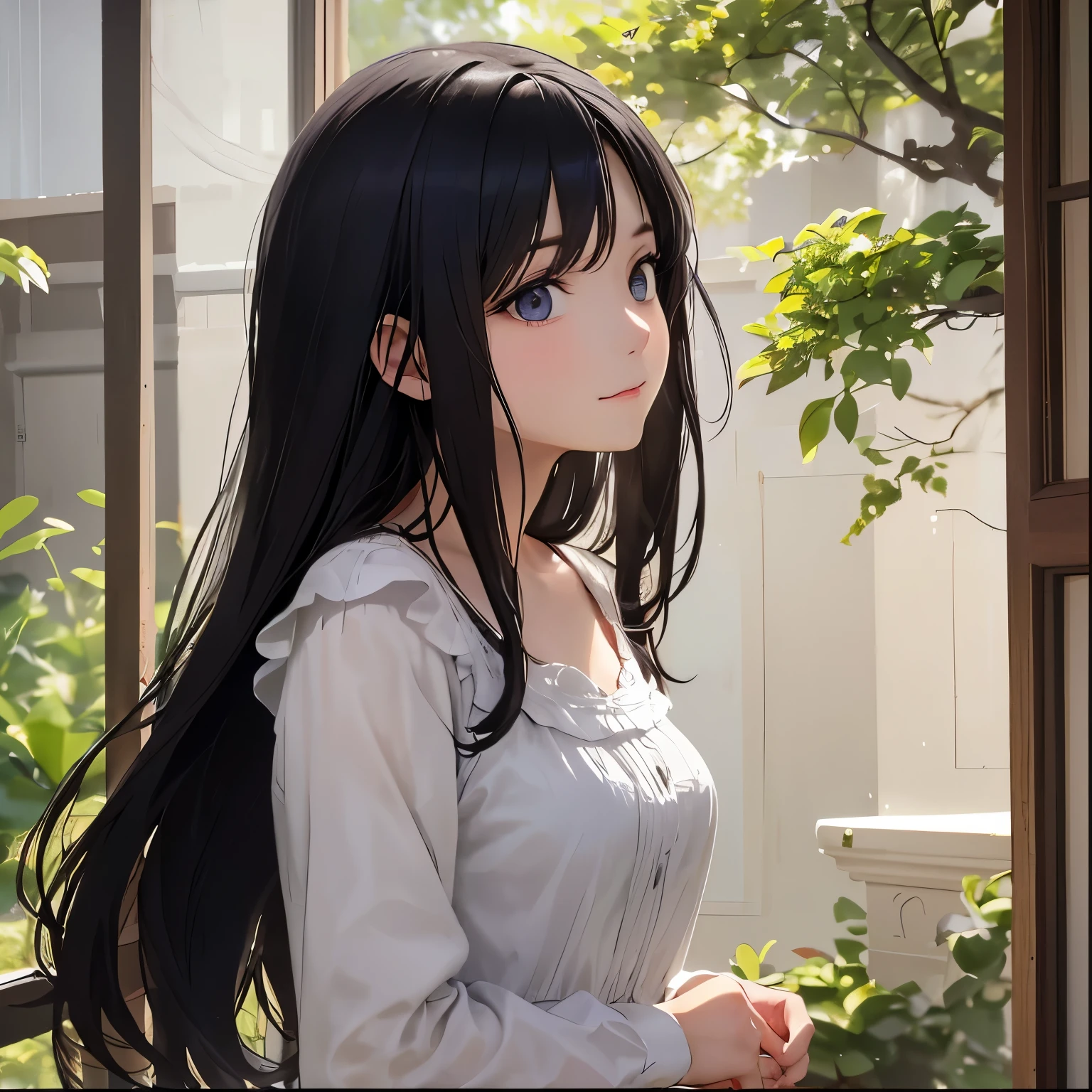 A delicate anime-style line drawing of a cute young woman with long, straight black hair, shown from the waist up. Her face is in profile, turned slightly towards the viewer, with her eyes looking upward, as if gazing at something above. She has a soft, gentle smile that adds warmth to her expression. She wears a pastel-colored blouse with subtle lace details, which complements her pure and elegant charm. The smooth, flowing lines create a serene and graceful atmosphere, capturing her calm and thoughtful demeanor.