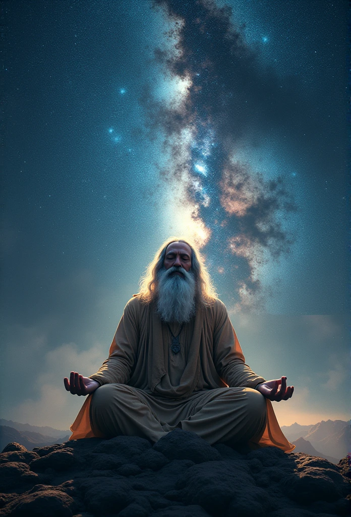The wise man is watching, (The beginning of creation Beautiful), A wonderful and vast universe with many galaxies.(best quality,4k,8k,highres,masterpiece:1.2),ultra-detailed,(realistic,photorealistic,photo-realistic:1.37),portrait,((Sadhguru:1.1)) meditating,yogi with long white beard,deep concentration,eyes closed in meditation,body relaxed,lotus position,serenity and wisdom reflecting, front angle, Big light,hinduism, the entire Milky Way starry sky, majestic, starlight rising, in the center, facing the camera, Beautiful image, epic cinematic shot, Ultra photo realsisim, 8K