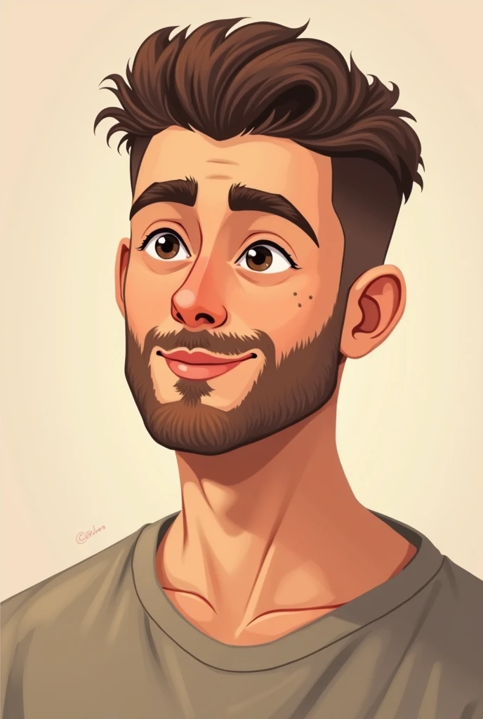 Man in his mid-30s、Barber style、Mole under eye、Soft look、An illustration、No wrinkles, just a little beard