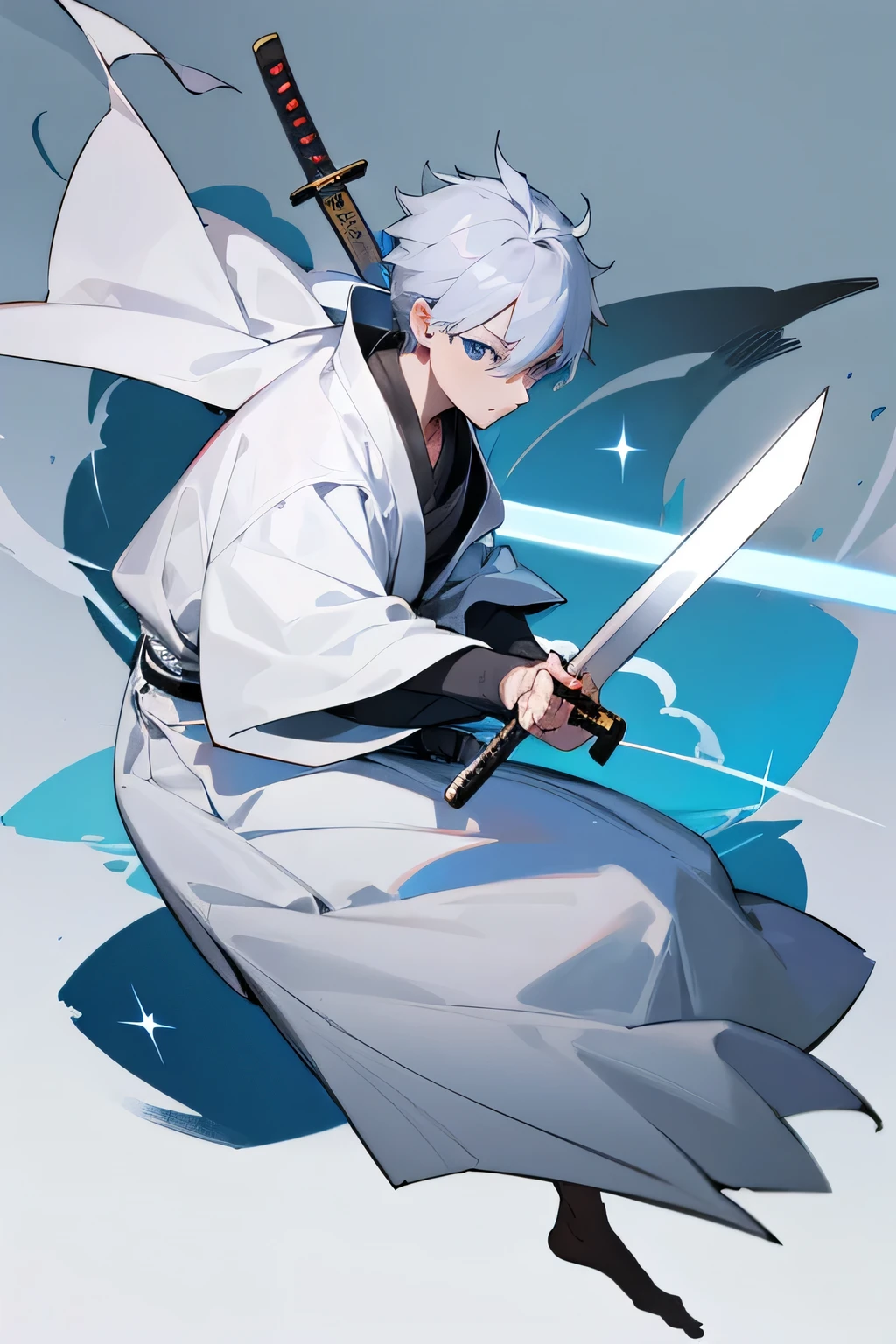 1man, silver hair, blue eyes, short hair, robe, samurai sword, full body
