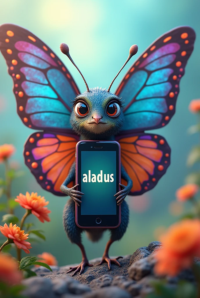 Colorful butterfly with face, holding a written cell phone "aladus"