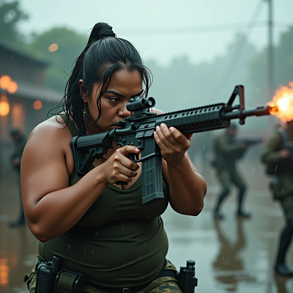 A beautiful indonesian women, a bit chubby, huge beasted, droopies breasts, wet tied bobcut hair, wear wet tanktop, wear tactical camouflage pant, tactical boots, holding a m16 gun, serious face expression, aiming the target, in the chaotic battlefield under the rain, war with alien, realistic photography, natural light,