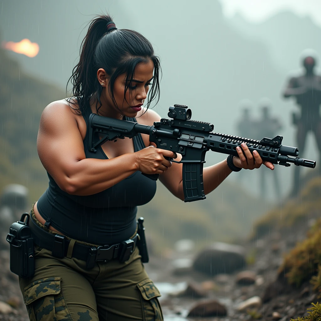 A beautiful indonesian women, a bit chubby, huge beasted, droopies breasts, wet tied bobcut hair, wear wet tanktop, wear tactical camouflage pant, tactical boots, holding a m16 gun, serious face expression, aiming the target,  in the chaotic battlefield under the rain, war with alien,  realistic photography, natural light, 