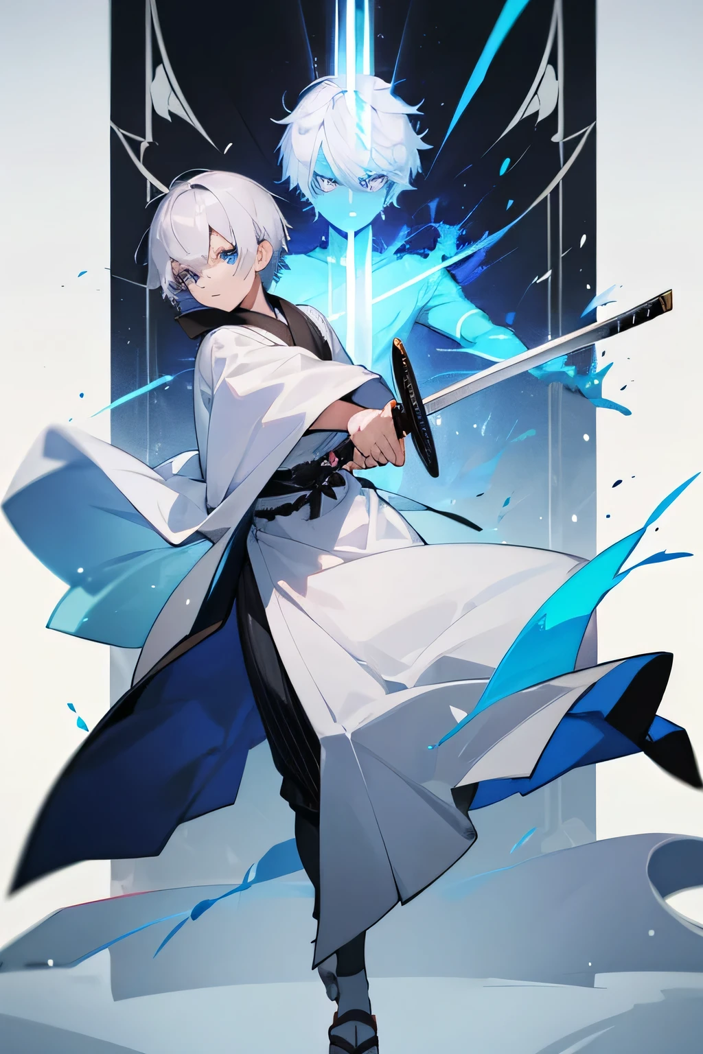 1man, silver hair, blue eyes, short hair, robe, samurai sword, full body