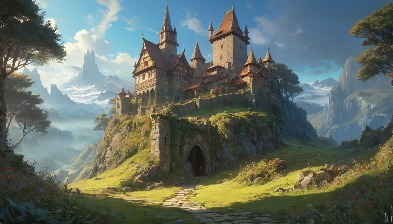 (anime, fantasy, small castle), (detailed CG unity 8k wallpaper, masterpiece, best quality, highly detailed, HDR:1.2), a small castle on the valley, detailed stone castle, stone road, heavenly atmosphere. {4k texture} {detailed landscape} {side angle shot}, vibrant color, intricate, ethereal lighting. From Brian Froud and Carne Griffiths and Wadim Kashin and John William Waterhouse