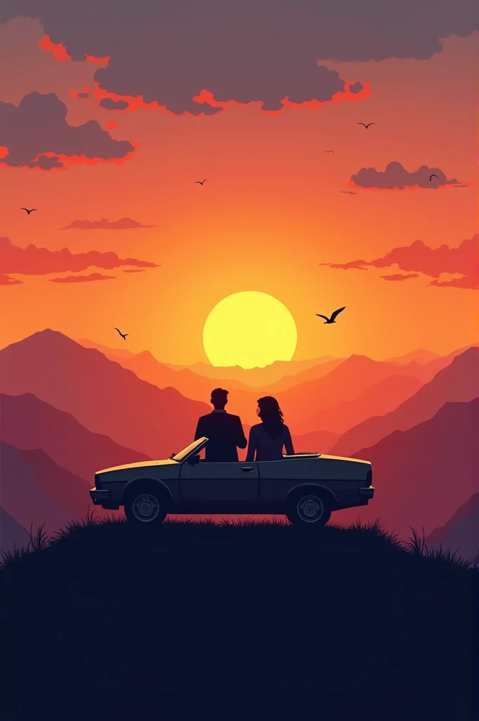 Couples sitting in car at different color sunset in a on a beautiful hill top with birds flying