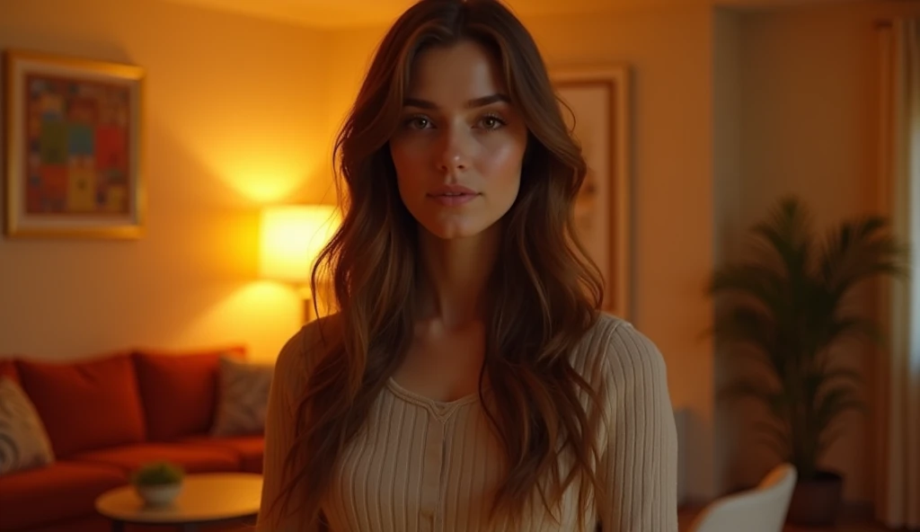 A highly realistic, high-contrast, 8K HD, detailed, hyper-detailed image of a single young woman standing in an American-style room, illuminated by warm, orange lighting. The room is cozy with modern furniture, and the atmosphere is relaxed as she looks slightly downward at the camera, maintaining eye contact for a lip-sync video. The camera is positioned at a low angle, emphasizing the perspective. Her face is clearly visible with a neutral expression, and her hairstyle is distinct, making it easy to replicate in future scenes. The scene captures the intimate and focused setting of the woman standing confidently in the comfortable, inviting environment.