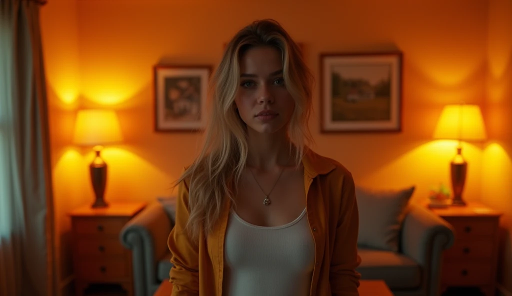 A highly realistic, high-contrast, 8K HD, detailed, hyper-detailed image of a single young woman standing in an American-style room, illuminated by warm, orange lighting. The room is cozy with modern furniture, and the atmosphere is relaxed as she looks slightly downward at the camera, maintaining eye contact for a lip-sync video. The camera is positioned at a low angle, emphasizing the perspective. Her face is clearly visible with a neutral expression, and her hairstyle is distinct, making it easy to replicate in future scenes. The scene captures the intimate and focused setting of the woman standing confidently in the comfortable, inviting environment.