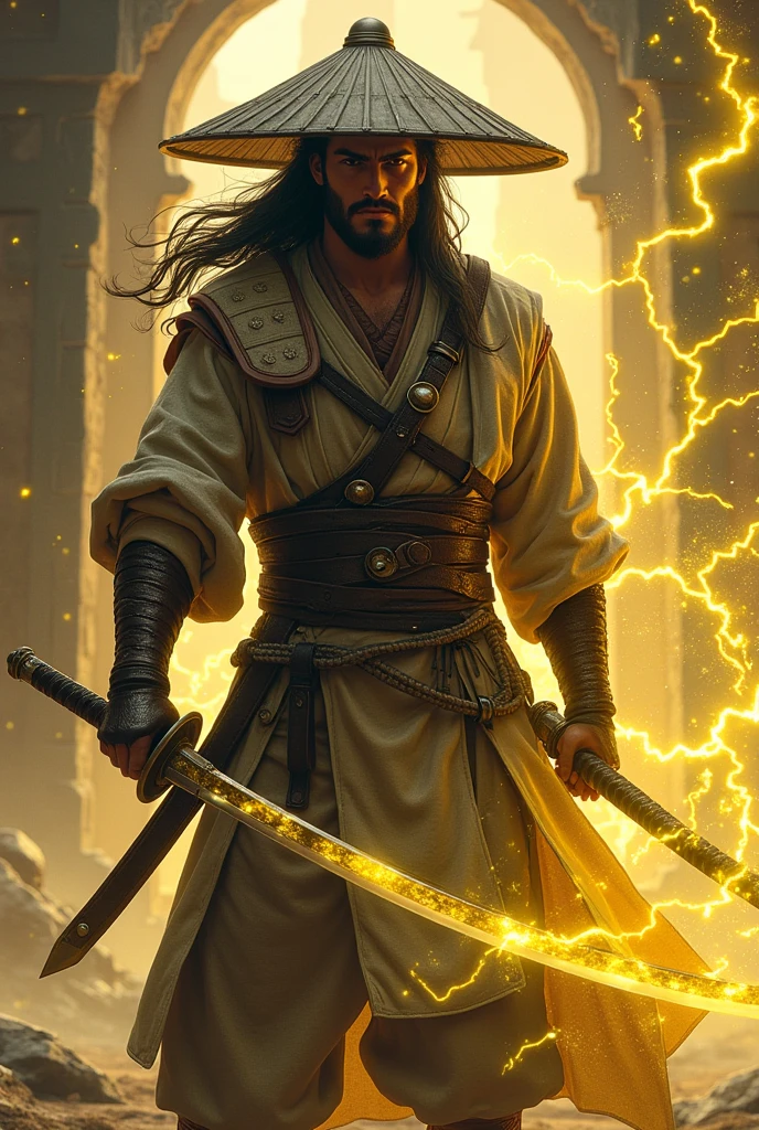 Elden ring, Male warrior, one katana, yellow lightning, light armor, long attached black hair, small beard, ronin hat