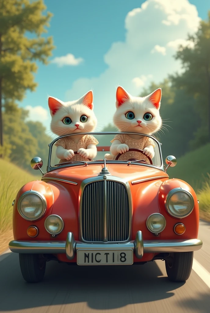 The white cat in dress and the cat's mother in dress and the cat's father in dressare sitting in the car and driving the car at high speed on the road.