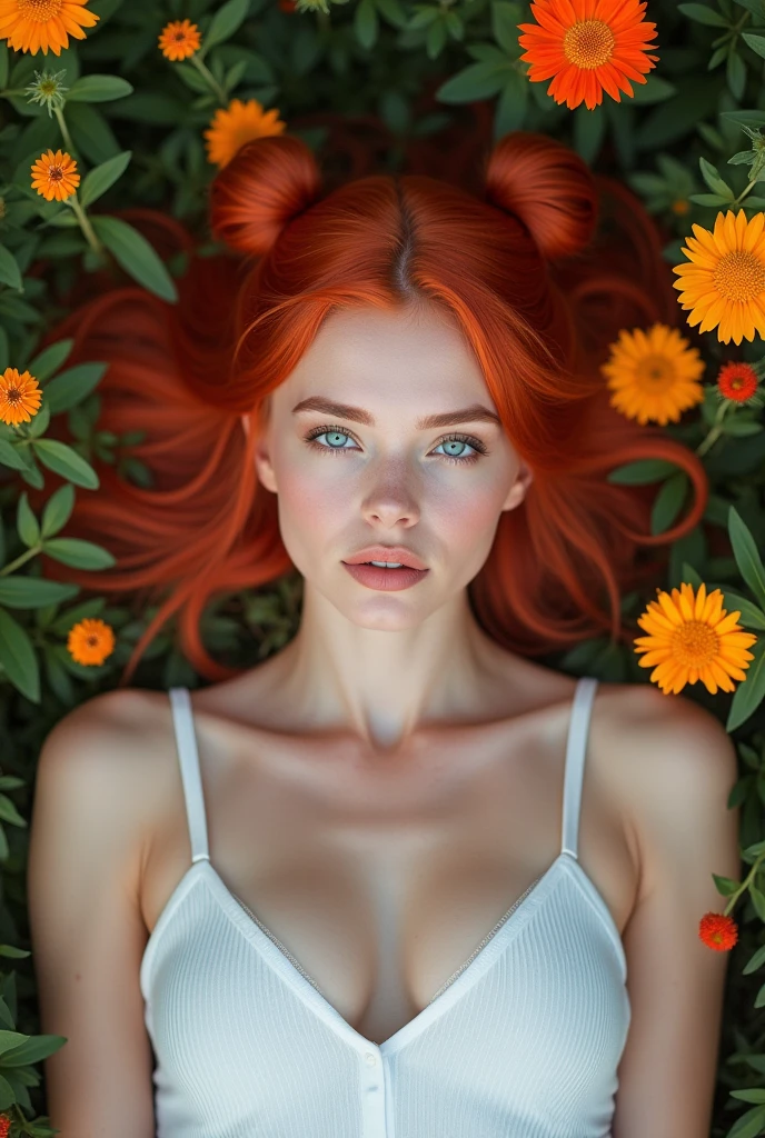professional photo of a beautiful woman, bright red hair buns, bright blue eyes, full body, wearing a sexy white tanktop, white minidress, photo taken in a field full of flowers, she is laying in her back, raw photo, highly detailed, ultra hd, 8k
