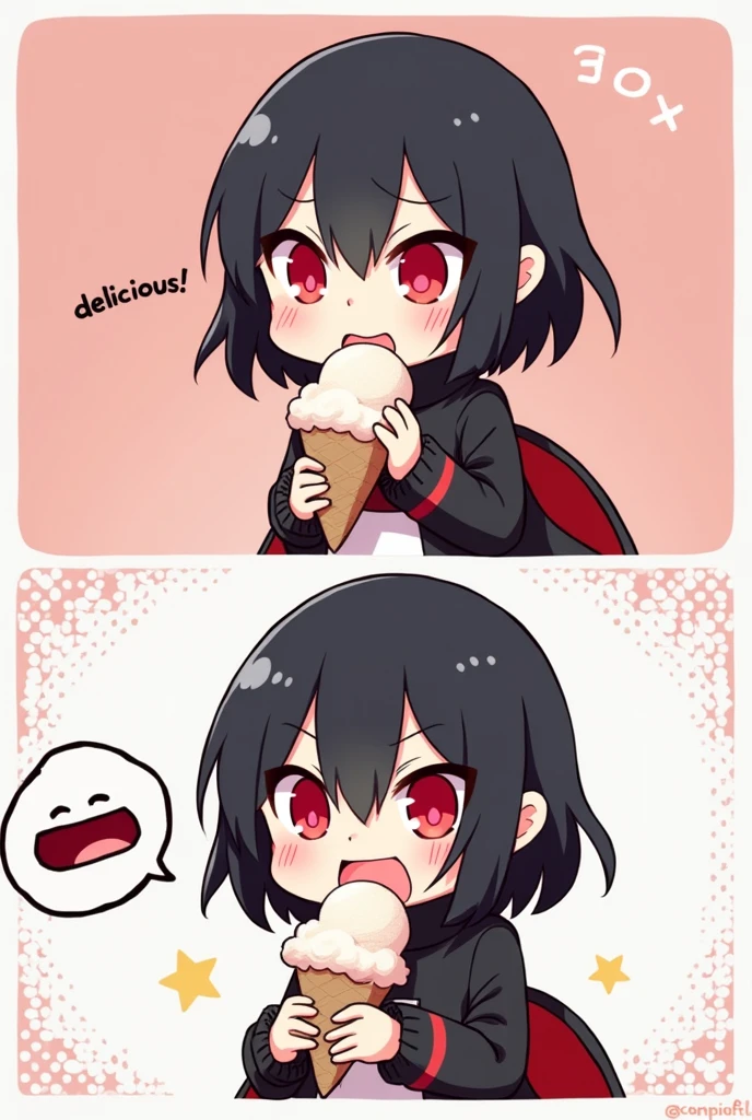 Chibi Style, 2-panel cartoon, dot halftone, Flat Color, A vampire girl with red eyes and black short hair eating ice cream, To tell "delicious!" With a happy face