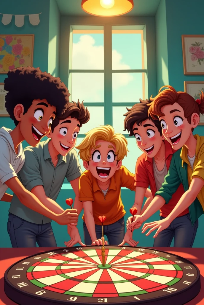University students playing darts. Looking focused. Cartoon style.