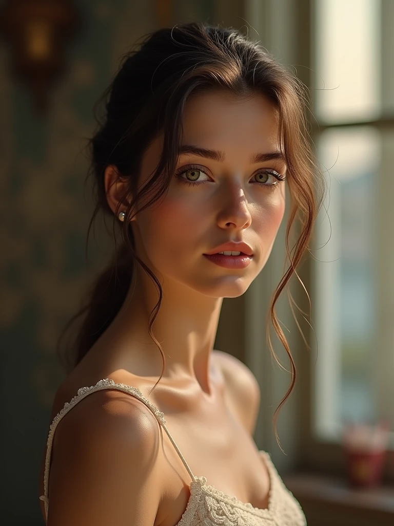 jeune femme européenne de   25 ans ,cheveux attacher ultra realiste 4k
