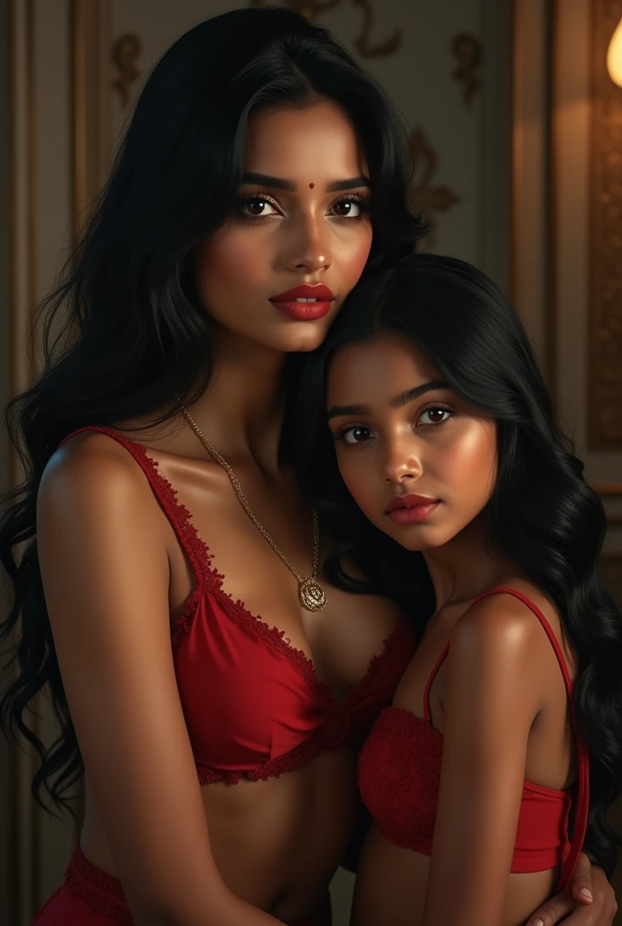 a beautiful indian woman,a beautiful indian girl,mother and daughter,full body,sensual,seductive,sultry,provocative,alluring,glamorous,striking poses,elegant dress,high fashion,luxury,fine art portrait,cinematic lighting,dramatic chiaroscuro,moody color palette,oil painting,digital art,photorealistic,8k,ultra-detailed,masterpiece