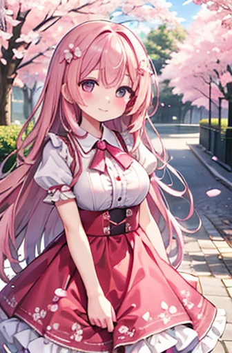 masterpiece, high quality, Very detailed, Detailed Background, , Very long hair, Curly Hair, Pink Dress, Frills, smile, Happy, Wink, Face shot, close, Cobblestones, cherry blossoms, sunlight, cherry blossoms, the wind is strong, Abstract, environment, forest,Large Breasts
