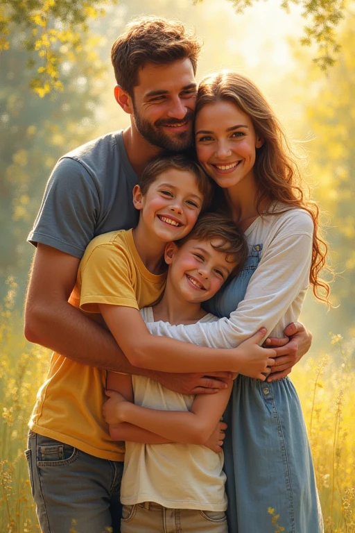 A family of four hugging and smiling in the warm light、Painting touches like those of Monet