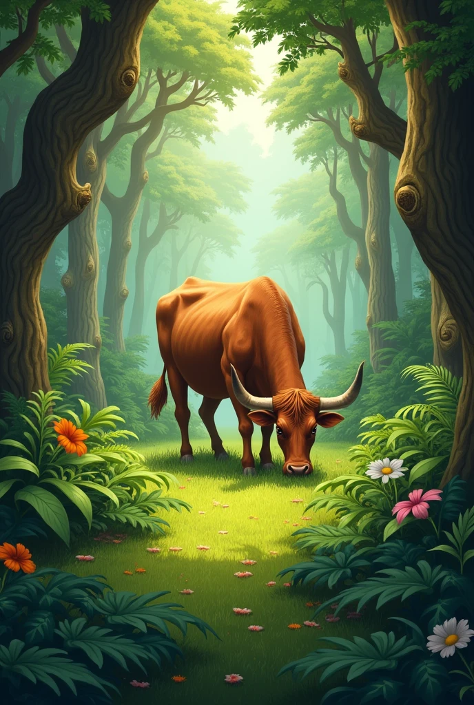 A serene forest scene where a cow is grazing on lush green grass, gradually moving deeper into the dense jungle.