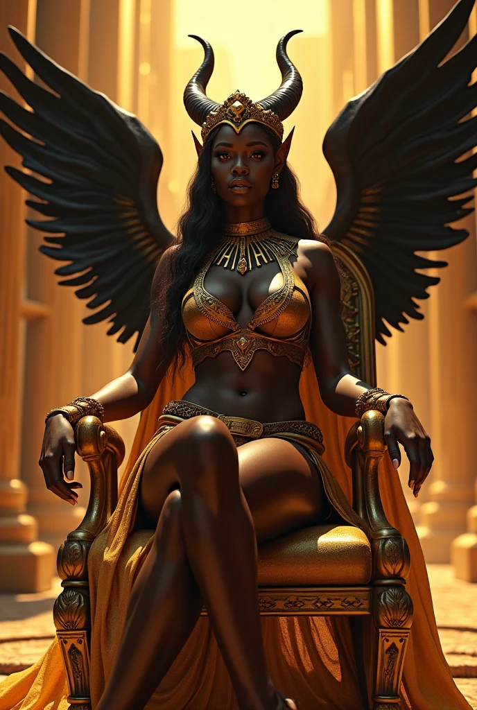 a woman in a gold outfit and a tiger, muscular warrior women, the smooth black lioness, queen, wakanda, epic 3 d oshun, Fundo wakanda, woman strong, skin lightskin black, dark skin female goddess of love, black panther, Warrior Woman, amazon warrior, posing for a fight intricate, trending in cgsociety, horned girl, devil horns, elf ears, cleavage, thigh, short skirt, sexy, wide black wings, golden Egyptian castle, golden egyptian outfit, sitting on golden throne, legs crossed, legs crossed seductively, sexy, looking down at viewer, down up view