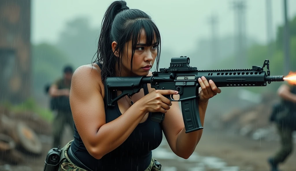 A beautiful indonesian women, a bit chubby, huge beasted, droopies breasts, wet tied bobcut hair, wear wet tanktop, wear tactical camouflage pant, tactical boots, holding a m16 gun, serious face expression, aiming the target, in the chaotic battlefield under the rain, war with alien, realistic photography, natural light,
